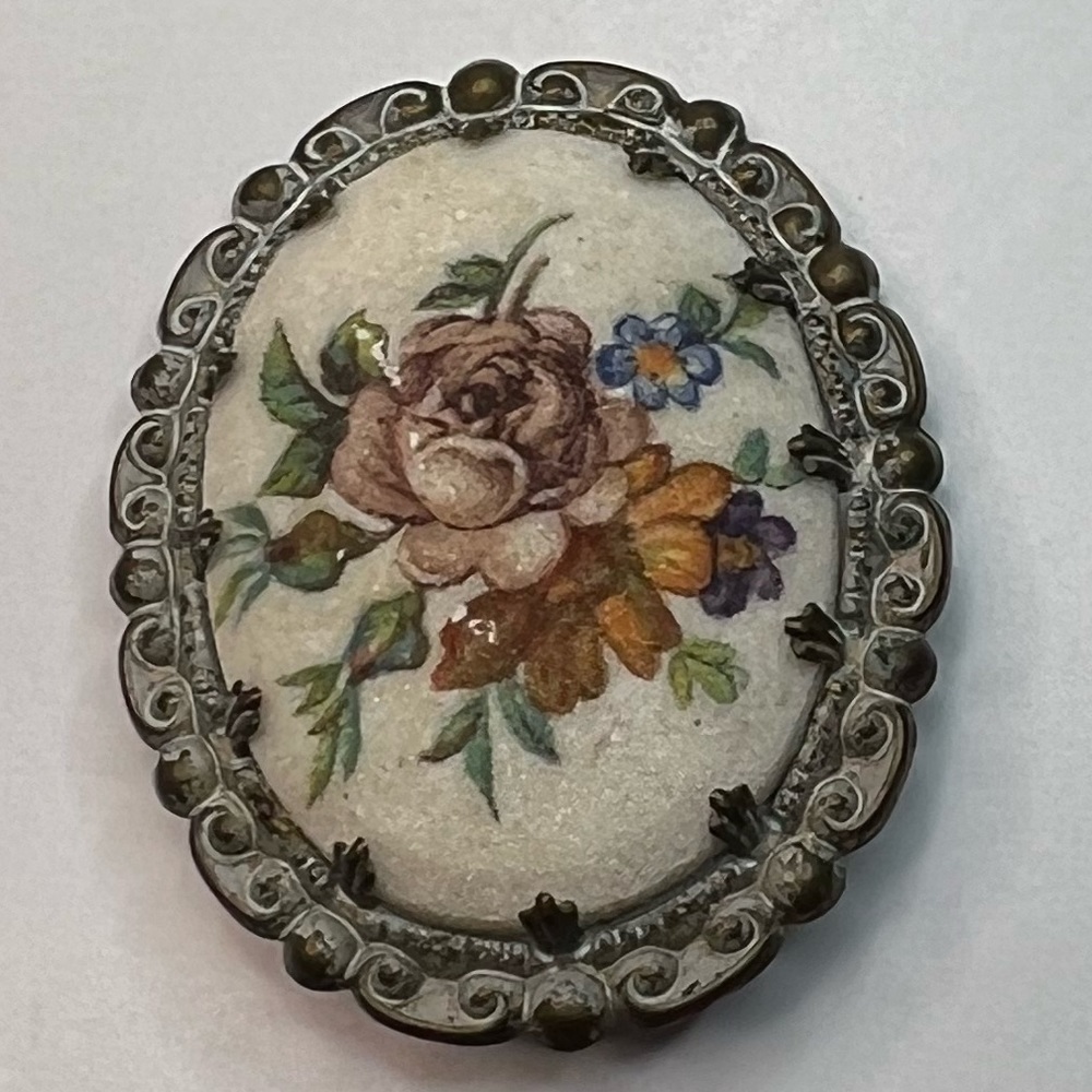 Vintage Estate Western Germany Signed Floral Sugar Rose Cameo Brooch Pin